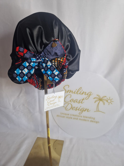 African Wax Print /Black Satin Bonnet – Hair Cap