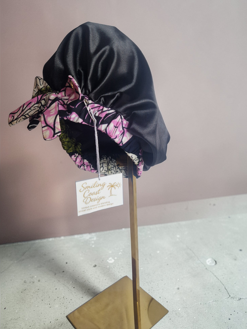 African Wax Print /Black Satin Bonnet – Hair Cap